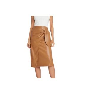 High Knot Side Wrap Leather Midi Skirt Brown